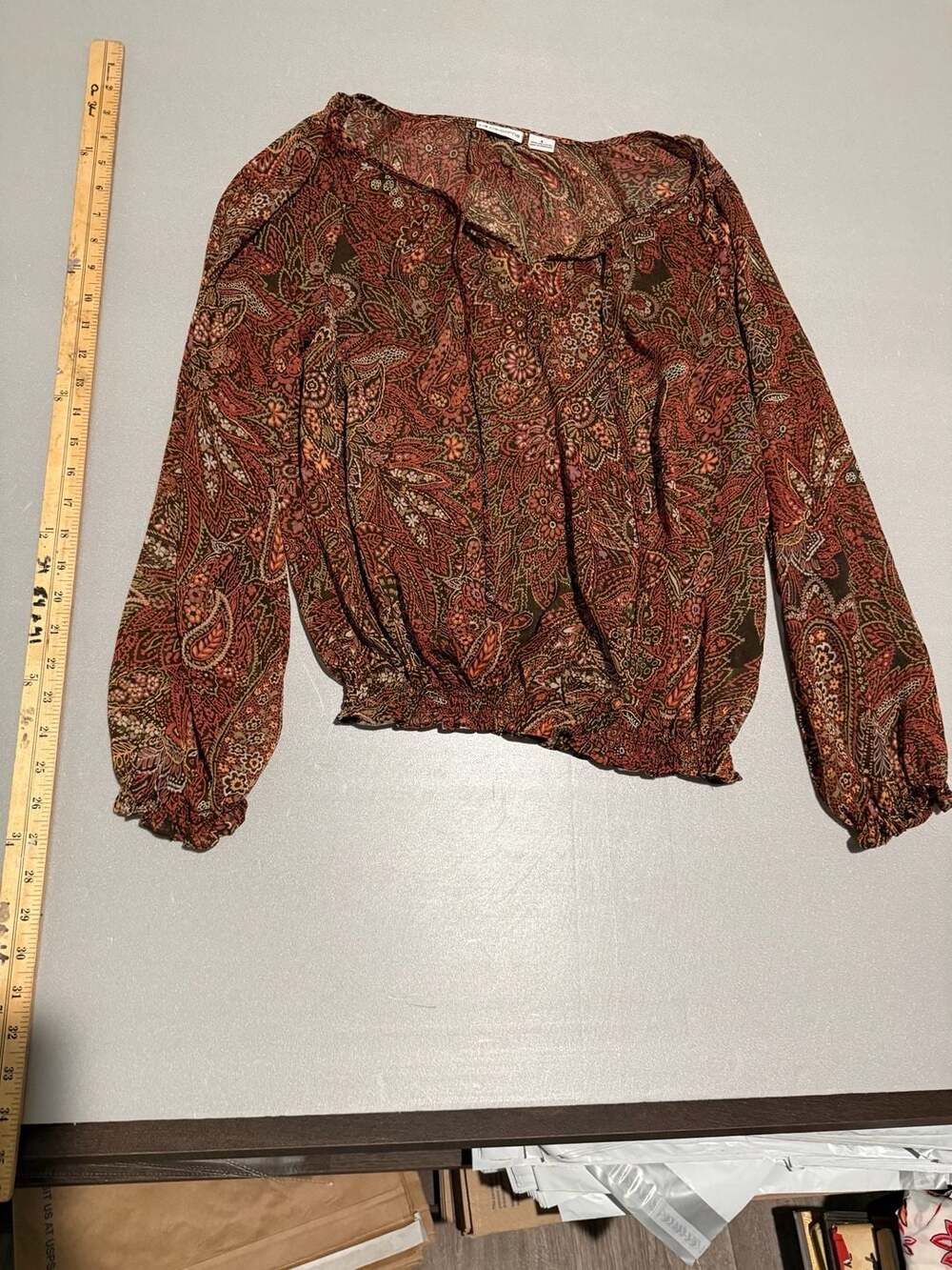 Liz Claiborne Blouse Size S Red Paisley Long Sleeve Top